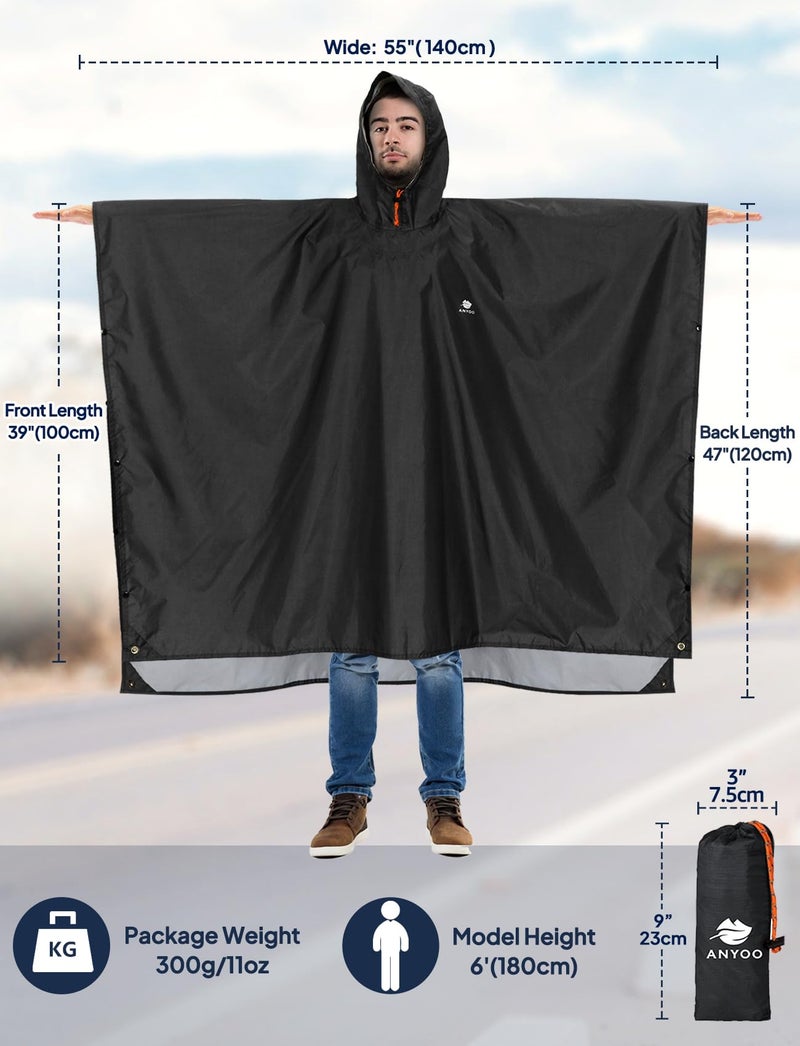 ANYOO Hooded Rain Poncho for Adults Waterproof Lightweight Rain Coats for Men Women Reusable Rain Jacket for Emergency Camping Outdoor Activities (Black) One Size - Image 2